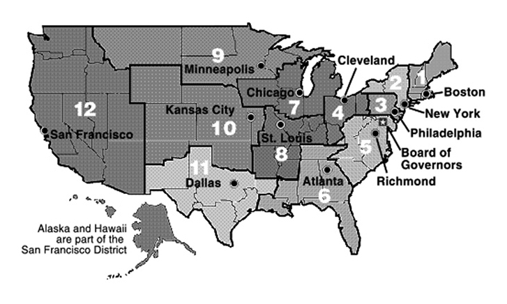 Descripción: Image map of the United States with links to websites of the Federal Reserve Districts